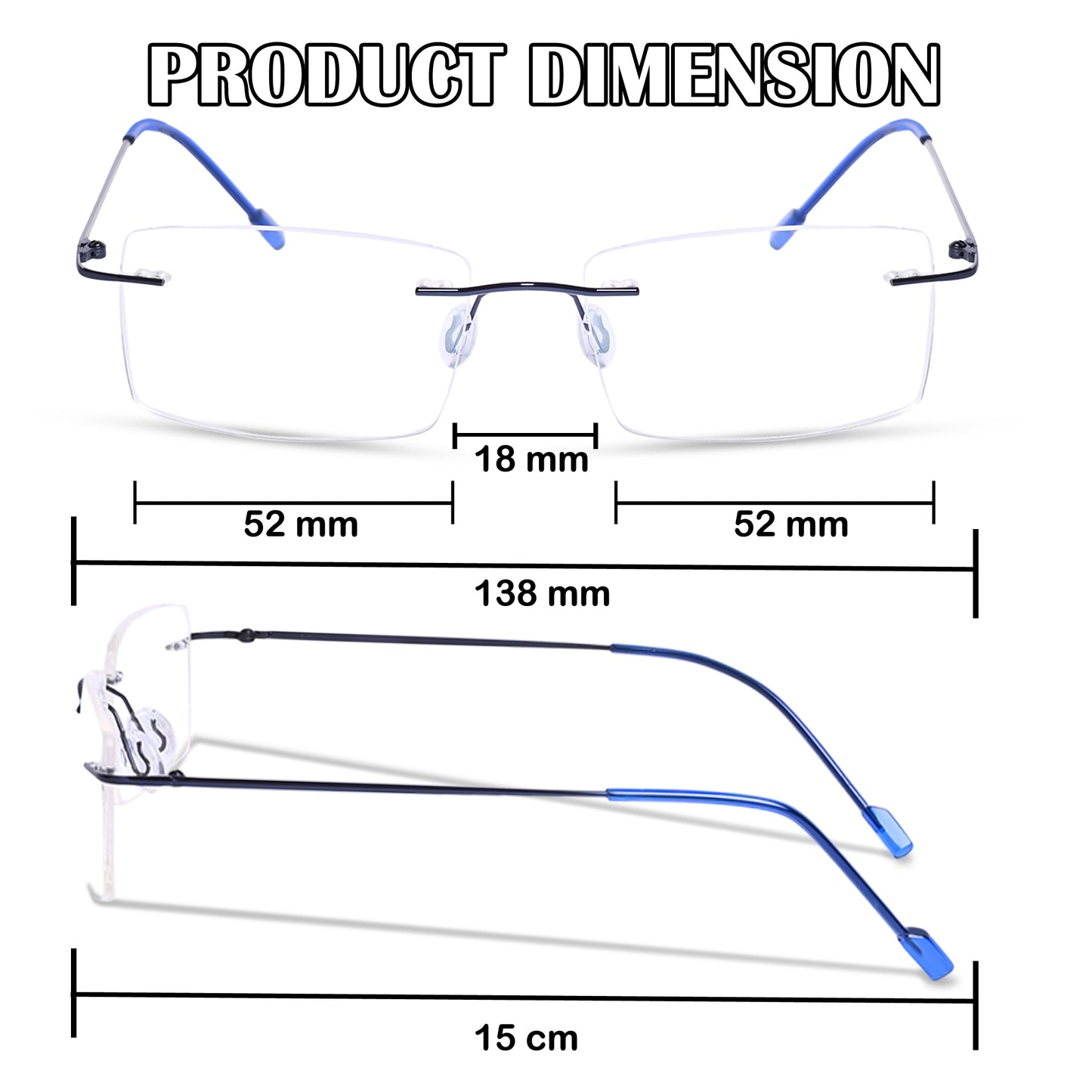 Redex Zero Power Blue-Cut Computer Glass Anti glare Block Harmful Rays Rimless Rectangle Eye wear Spectacle Eye Frame