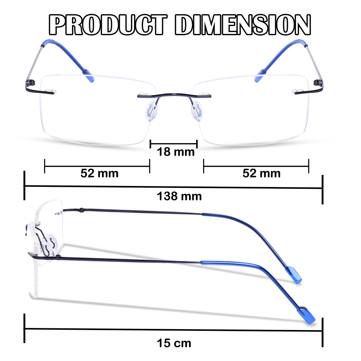 Redex Zero Power Blue-Cut Computer Glass Anti glare Block Harmful Rays Rimless Rectangle Eye wear Spectacle Eye Fram