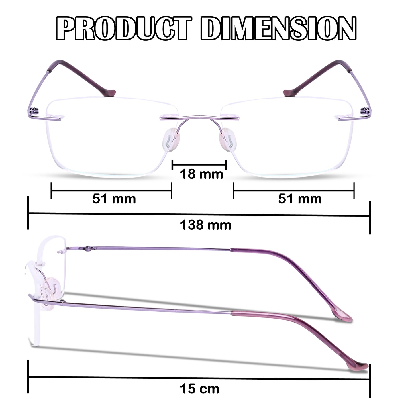 Redex Zero Power Blue-Cut Computer Glass Anti glare Block Harmful Rays Rimless Rectangle Eye wear Spectacle Eye Frame