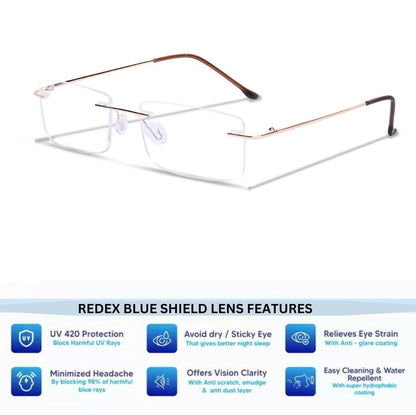 Redex Zero Power Blue-Cut Computer Glass Anti glare Block Harmful Rays Rimless Rectangle Eye wear Spectacle Eye Frame