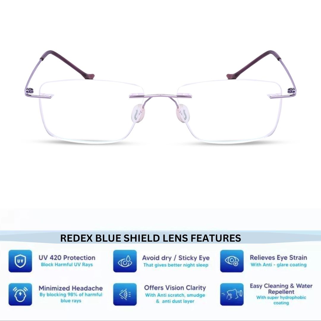 Redex Zero Power Blue-Cut Computer Glass Anti glare Block Harmful Rays Rimless Rectangle Eye wear Spectacle Eye Fram