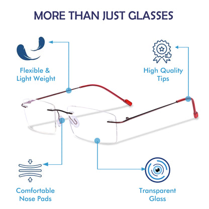 Redex Zero Power Blue-Cut Computer Glass Anti glare Block Harmful Rays Rimless Rectangle Eye wear Spectacle Eye Frame