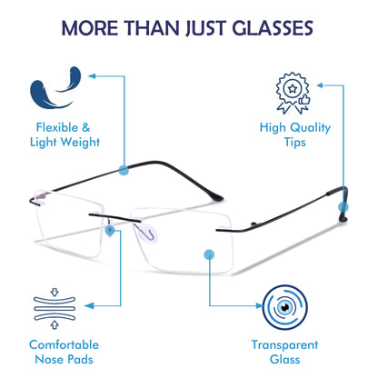 Redex Zero Power Blue-Cut Computer Glass Anti glare Block Harmful Rays Rimless Rectangle Eye wear Spectacle Eye Frame