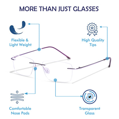 Redex Zero Power Blue-Cut Computer Glass Anti glare Block Harmful Rays Rimless Rectangle Eye wear Spectacle Eye Fram