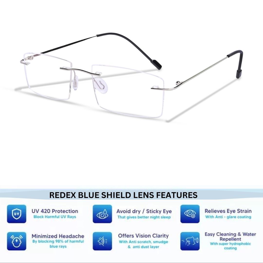 Redex Zero Power Blue-Cut Computer Glass Anti glare Block Harmful Rays Rimless Rectangle Eye wear Spectacle Eye Frame