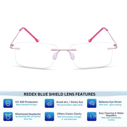 Redex Zero Power Blue-Cut Computer Glass Anti glare Block Harmful Rays Rimless Rectangle Eye wear Spectacle Eye Frame