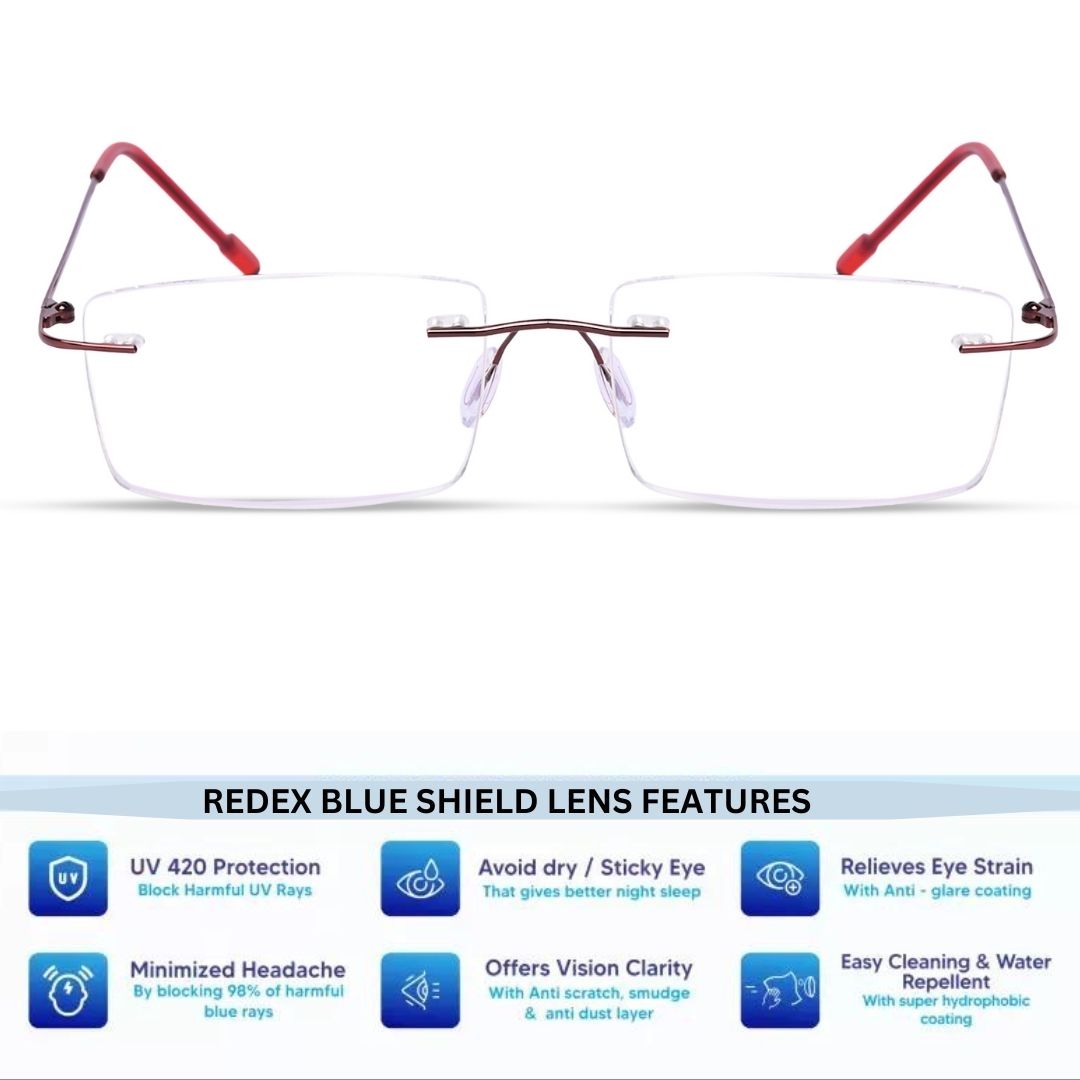 Redex Zero Power Blue-Cut Computer Glass Anti glare Block Harmful Rays Rimless Rectangle Eye wear Spectacle Eye Frame