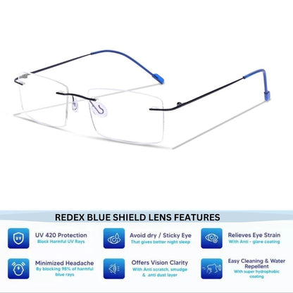 Redex Zero Power Blue-Cut Computer Glass Anti glare Block Harmful Rays Rimless Rectangle Eye wear Spectacle Eye Fram