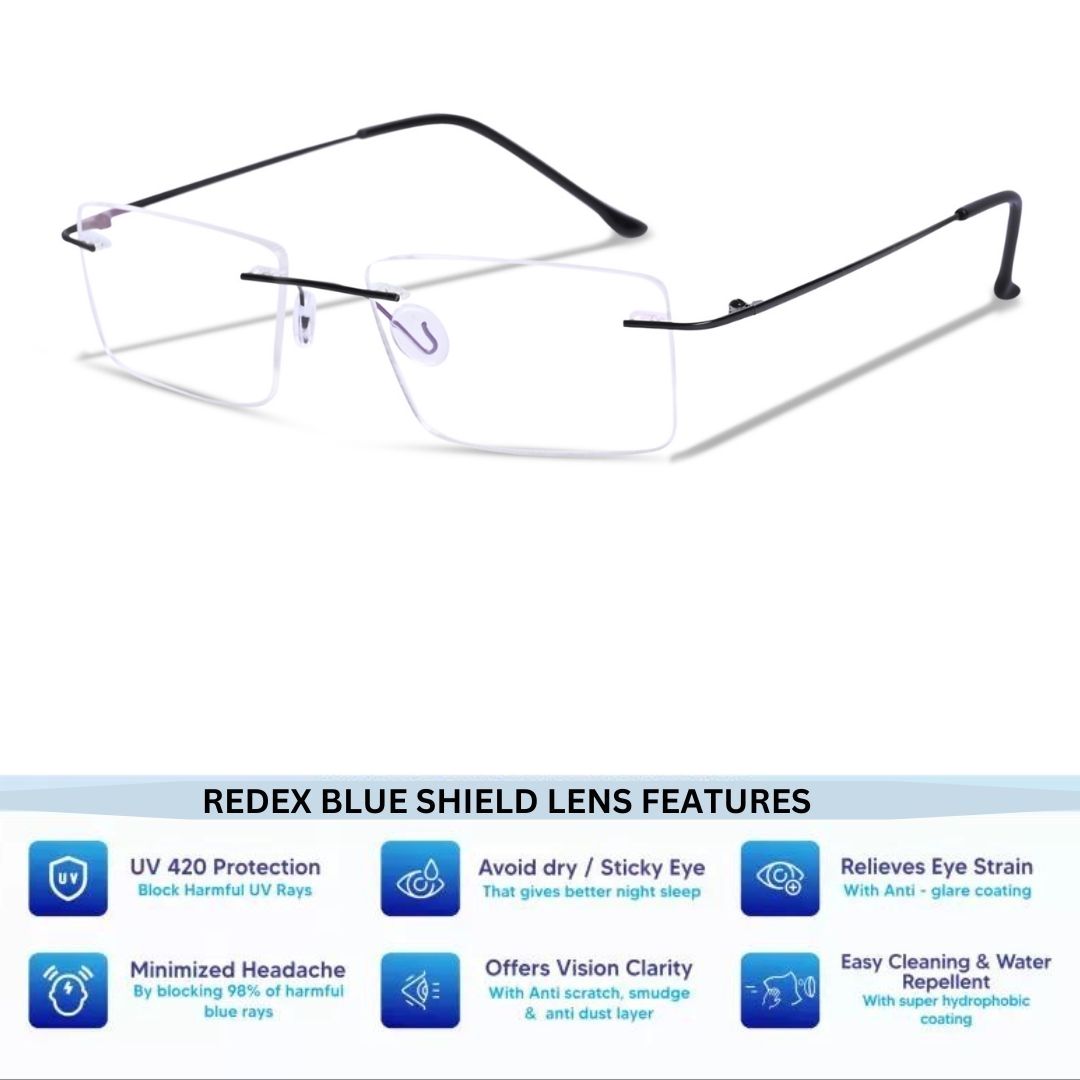 Redex Zero Power Blue-Cut Computer Glass Anti glare Block Harmful Rays Rimless Rectangle Eye wear Spectacle Eye Frame