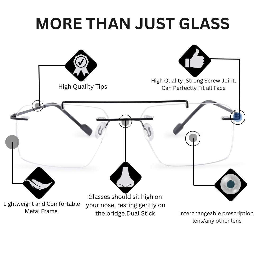 REDEX RECTUNGLAR DUAL UNISEX BLACK COLOR RIMLESS FRAME