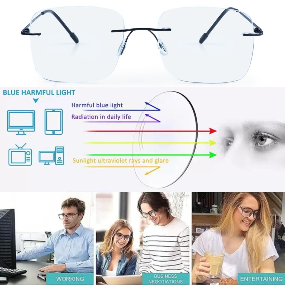 Rimless Big  Square Anti Glare & Blue Cut Computer Glass