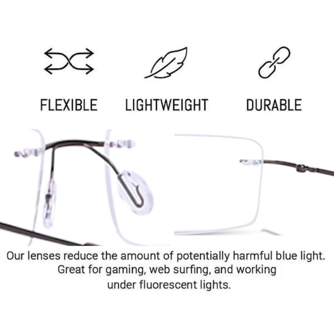 Rimless Big  Square Anti Glare & Blue Cut Computer Glass
